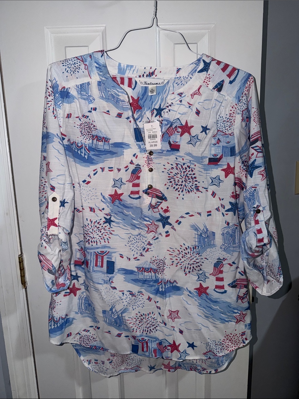 Tantrums White Red & Blue Beach Print Henley Tunic